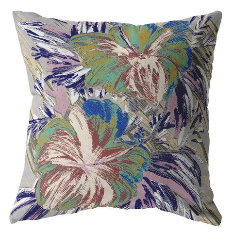 18��� Lilac Green Hibiscus Zippered Suede Throw Pillow