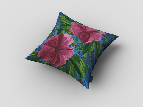 18��� Pink Blue Hibiscus Zippered Suede Throw Pillow