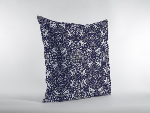 16" Navy Boho Pattern Zippered Suede Throw Pillow