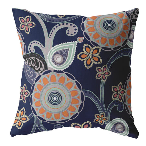 16��� Indigo Orange Floral Suede Zippered Throw Pillow