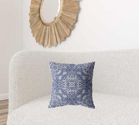 18��� Indigo White Boho Ornate Zippered Suede Throw Pillow