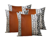 Set of Four 18" Brown Black and White Geometric Fabric and Faux Leather Throw Pillows