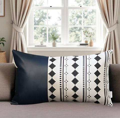 12" X 20" White Diamond Fabric and Faux Leather Lumbar Throw Pillow