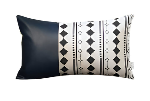 Set of Two 12" X 20" Navy Blue Diamond Fabric and Faux Leather Lumbar Throw Pillows
