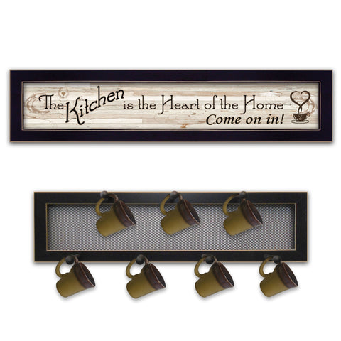 Set Of Two Heart Of The Home Black Framed Kitchen Wall Art With Seven Peg Mug Rack