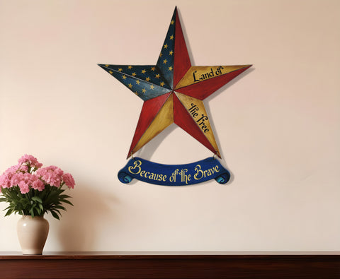 25" X 24" Blue And Red Wood And Metal Star Patriotic Hanging Dimensional Sculpture