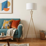 65" Gold And White Tripod Floor Lamp With White Fabric Drum Shade