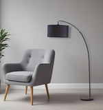 86" Black Metal Arc Floor Lamp With Black Fabric Drum Shade