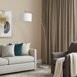 86" White And Silver Arc Floor Lamp With White Drum Shade