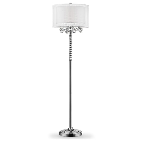63" Silver Three Light Candelabra Floor Lamp With White Fabric Drum Shade