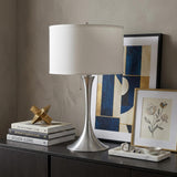 28" Silver Metal Bedside Table Lamp With White Shade