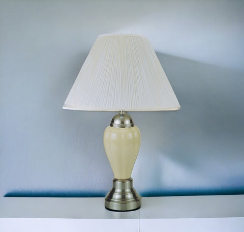 27" Ivory and Silver Ceramic Urn Table Lamp With White Empire Shade