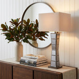 Black Glass Tower Table Lamp with Beige Fabric Shade