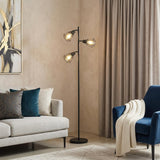 66" Black Metal Three Light Tree Floor Lamp With Black Metal Cage Shade