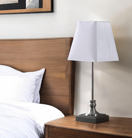19" Silver Bedside Table Lamp With White Empire Shade