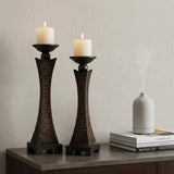 Set of Two Bronze Polyresin Woven Tabletop Pillar Candle Holders With Candle