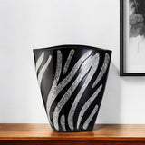 14" Black And Silver Striped Wavy Polyresin Table Vase