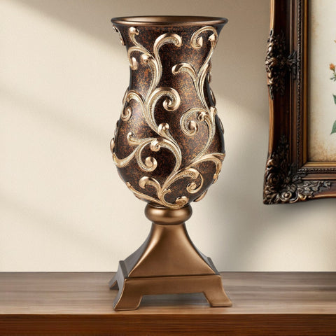 20" Espresso and Gold Floral Urn Polyresin Table Vase