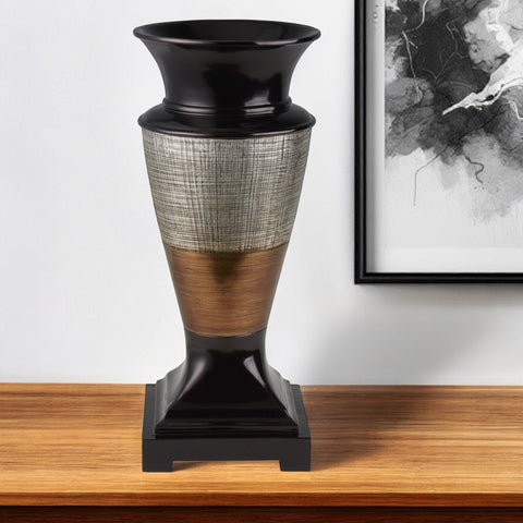 18" Espresso Silver and Gold Striped Urn Polyresin Table Vase