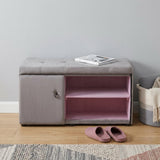 Light Gray and Pink Tufted Shoe Storage Bench