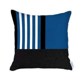 Set of Four 18" Blue Black And White Fabric Striped Throw Pillows