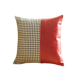 Set of Four 18" Red Black and White Houndstooth Fabric and Faux Leather Throw Pillows