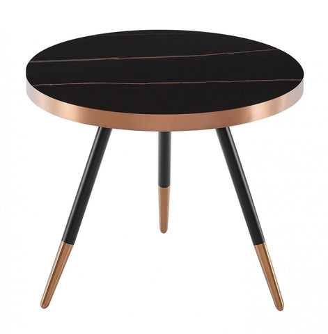 20" Black and Gold Faux Marble And Metal Round Coffee Table
