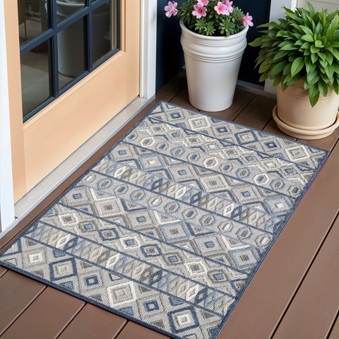 2' X 4' Blue And Gray Abstract Stain Resistant Indoor Outdoor Area Rug