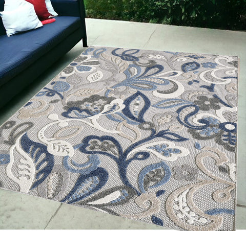 5' X 7' Blue And Gray Floral Indoor Outdoor Area Rug