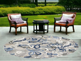 8��� Round Blue Gray Jacobean Floral Indoor Outdoor Area Rug