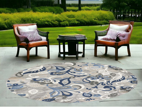 8��� Round Blue Gray Jacobean Floral Indoor Outdoor Area Rug