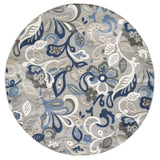 8��� Round Blue Gray Jacobean Floral Indoor Outdoor Area Rug