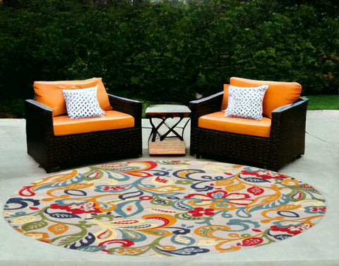 8' Round Ivory And Blue Round Floral Stain Resistant Indoor Outdoor Area Rug