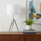34" Silver Metal Adjustable Tripod Table Lamp With White Round Shade