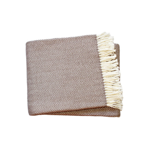 70" X 55" Brown And White Cotton Blend Woven Herringbone Plush Throw Blanket with Tassels