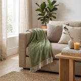 55" X 70" Moss Green And White Cotton Blend Woven Herringbone Plush Throw Blanket with Tassels