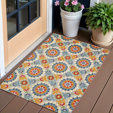 2' X 4' Orange And Ivory Moroccan Stain Resistant Indoor Outdoor Area Rug