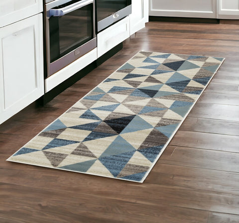 8' Beige Blue And Gray Geometric Runner Rug