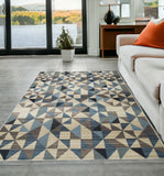 5' X 8' Beige Blue And Gray Geometric Area Rug