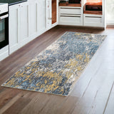 8' Blue And Gold Abstract Runner Rug