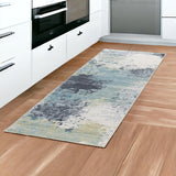 8' Blue And Ivory Abstract Runner Rug