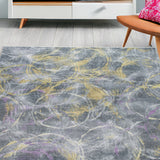 5' X 8' Gray Yellow And Purple Abstract Area Rug