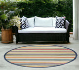 8' Round Ivory And Blue Round Striped Stain Resistant Indoor Outdoor Area Rug