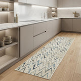 8' Ivory And Blue Chevron Runner Rug
