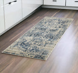 8' Ivory And Blue Oriental Runner Rug