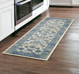 8' Ivory And Sky Blue Oriental Runner Rug