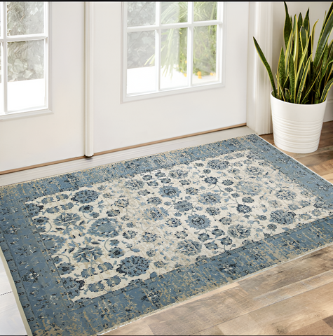 3' X 5' Ivory And Sky Blue Oriental Area Rug