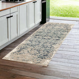 8' Ivory And Blue Oriental Runner Rug