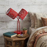 17" Red Metal Two Light Table Lamp With Red Abstract Drum Shade