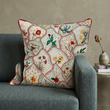 18" Beige Blue and Green Cotton Throw Pillow With Embroidery
